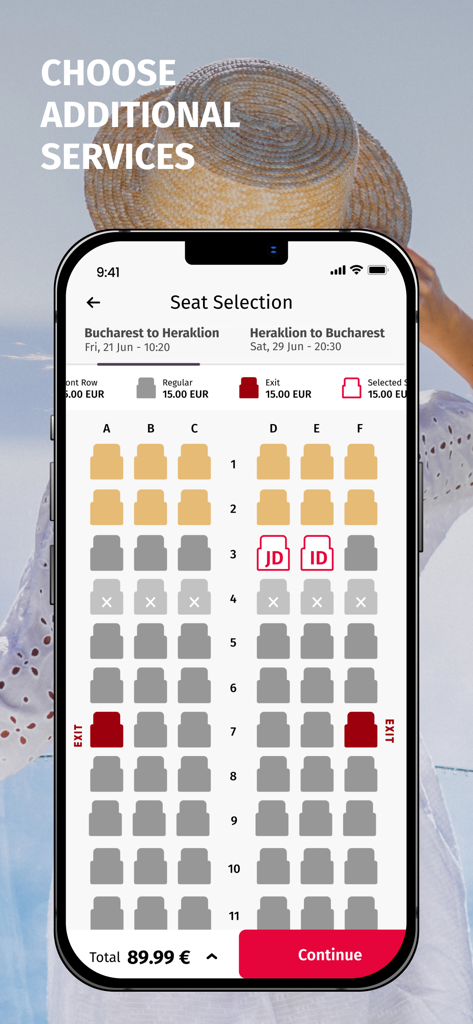 AnimaWings app seat selection interface showing a flight seat map and prices.