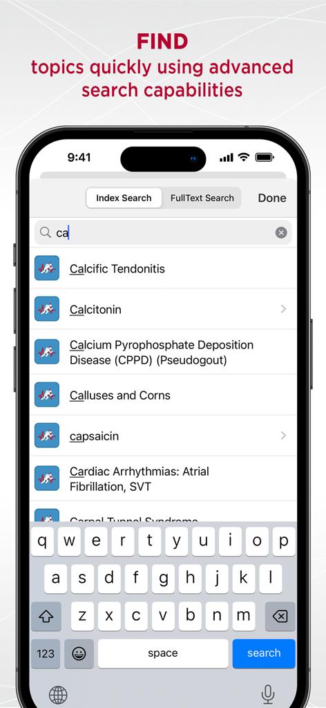 Interface de busca avançada no aplicativo 5 Minute Sports Med Consult mostrando tópicos médicos como Tendinite Calcificada e Síndrome do Túnel do Carpo.