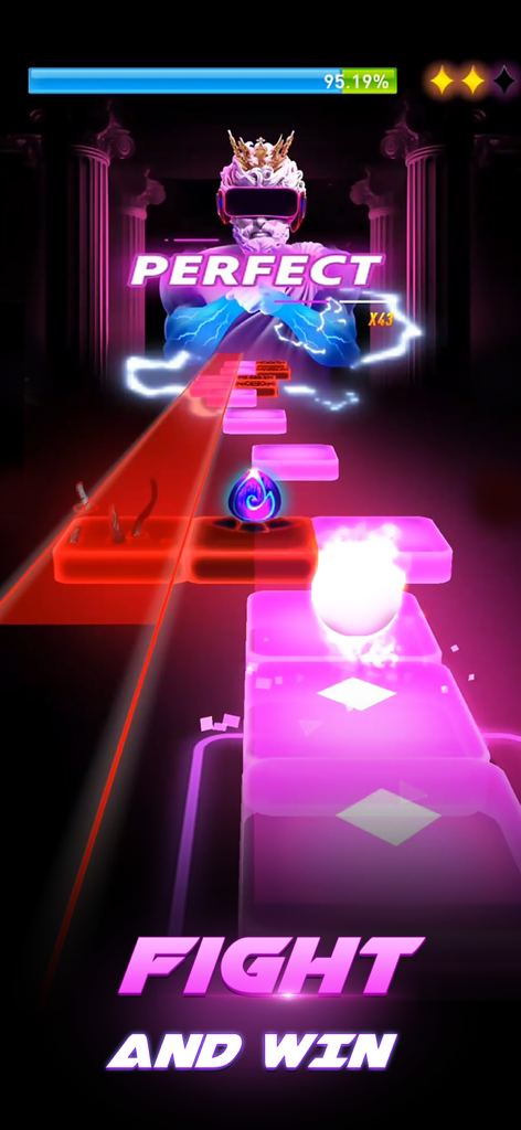 Tiles Hop Fire: EDM Piano Mix - Gameplay screen of Tiles Hop Fire showing a rhythm battle with neon tiles and a VR character