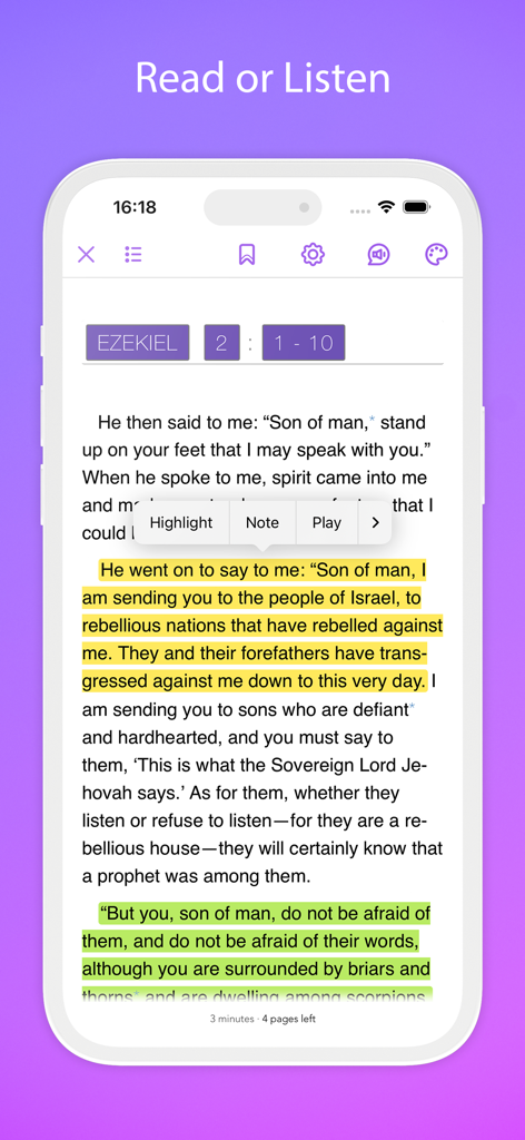 Jehovah’s Witnesses NWT Bible - Leseoberfläche der NWÜ Bibel-App mit hervorgehobenen Versen aus Hesekiel