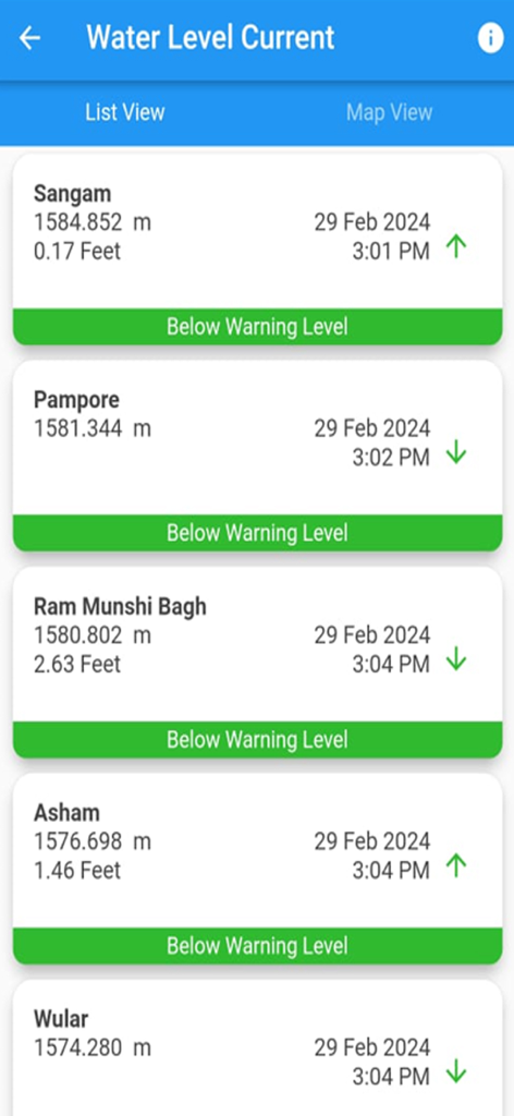 Kashmir Flood Watch I&FC kmr - Interface of Kashmir Flood Watch app showing current water levels for different locations like Sangam and Pampore