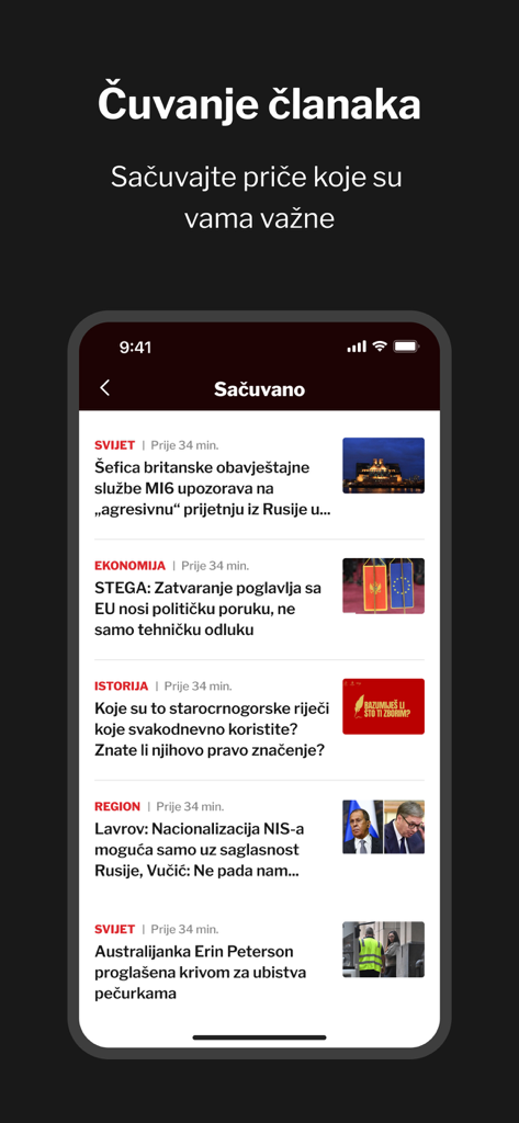 Screenshot of the AntenaM app showing the saved articles section with a list of news headlines from world politics and regional news