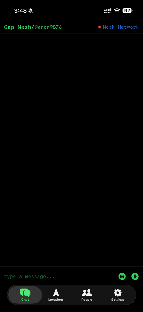 Gap Mesh - The chat interface of the Gap Mesh app in dark mode showing a minimalist messaging screen with mesh network status