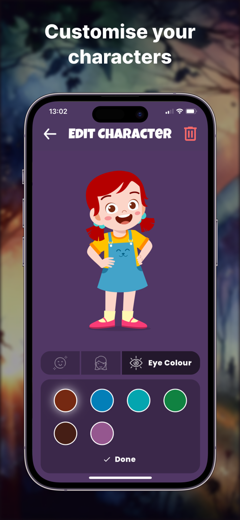 Magic Bookshelf: AI Stories - A child character customization screen in the Magic Bookshelf app showing options to change eye color and features