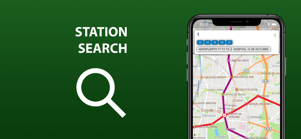 Interfaz de la aplicación móvil que muestra la función de búsqueda de estaciones con un mapa de líneas de tránsito y sugerencias de búsqueda.