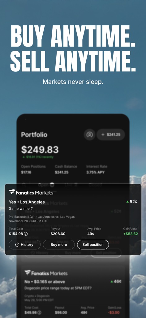 Fanatics Markets: Trade Sports - Fanatics Markets app interface displaying sports and crypto trading portfolio with buy and sell options