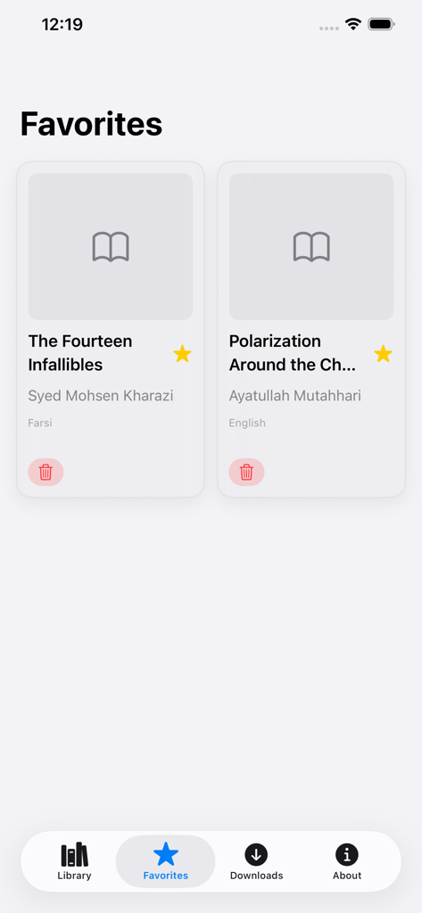 Shia Library - The Favorites tab of the Shia Library app displaying a list of bookmarked Islamic texts like The Fourteen Infallibles.