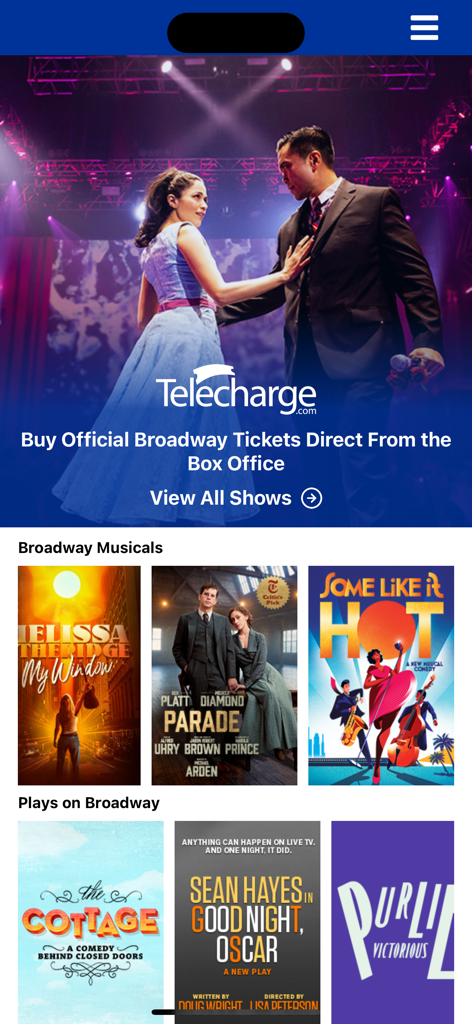 Telecharge app home screen showing official Broadway tickets for musicals and plays