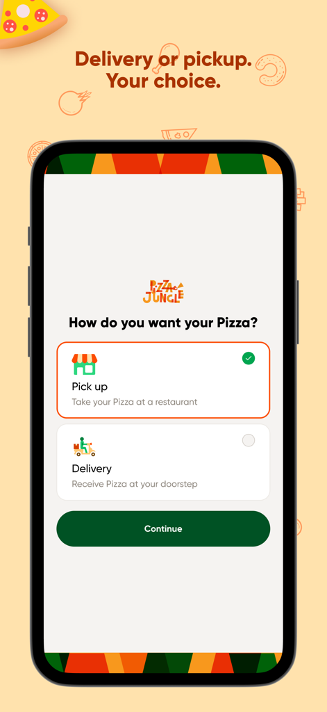 Pizza Jungle - Pizza Jungle mobile app interface showing options for delivery or restaurant pickup selection