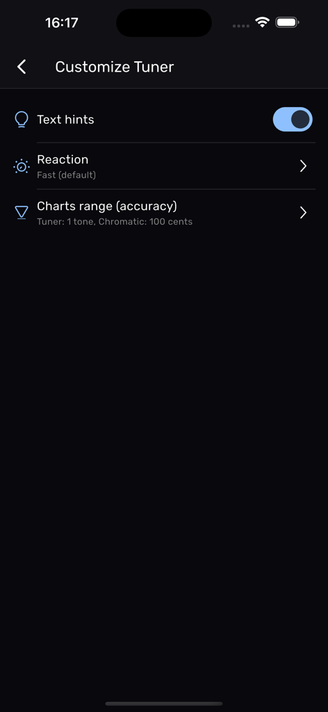 Clarinet Tuner – XTuner PRO - Settings screen of the Clarinet Tuner app showing customization options like text hints and accuracy range