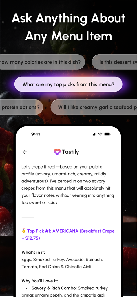 Tastily - Eat Out Smarter - A mobile interface showing the Tastily AI assistant providing a personalized breakfast crepe recommendation based on the user's savory and umami palate profile.
