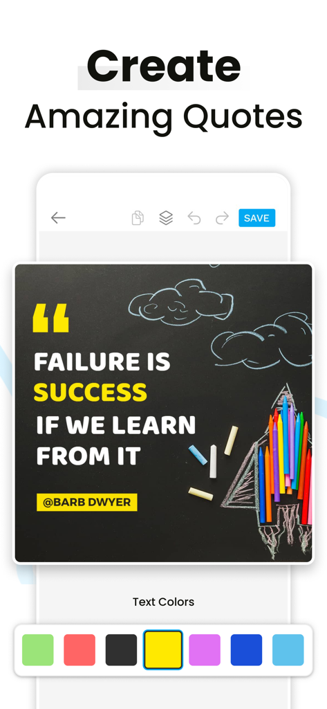 Social Media Post Maker - Interface of the Postwizz app showing a motivational quote design with customizable text color options for social media posts.