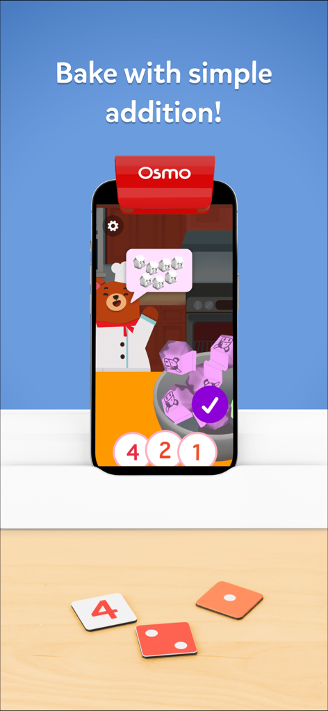Osmo Numbers Toybox app interface showing a baking-themed addition game with a bear chef and physical number tiles