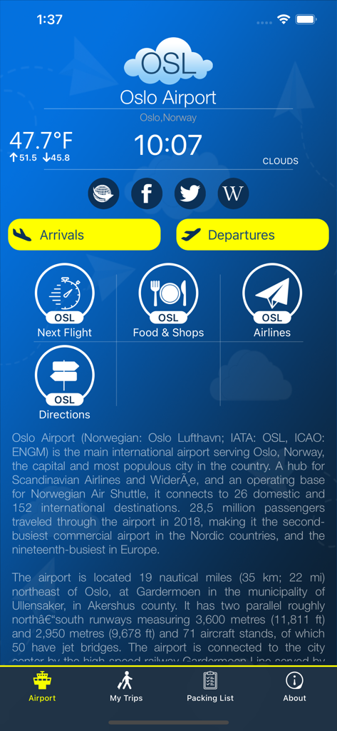 Schermata principale dell'app dell'Aeroporto di Oslo con arrivi voli, partenze e strumenti di viaggio