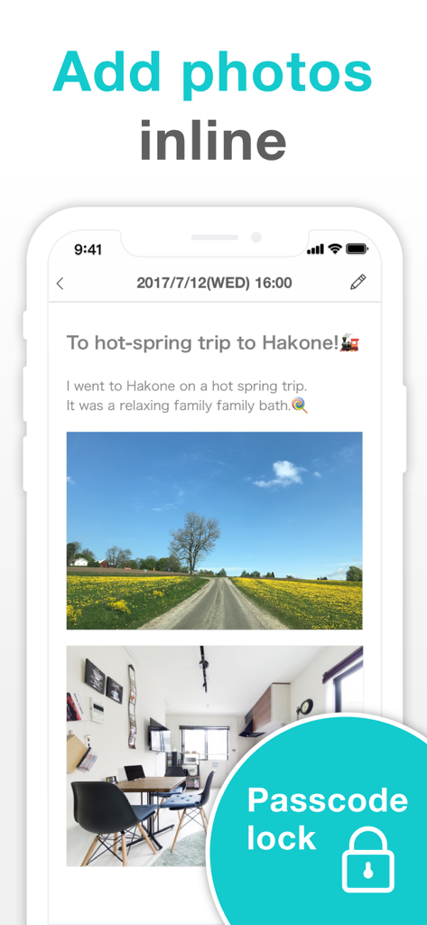 A journal entry in the Simple Diary app featuring text and inline photos with a secure passcode lock icon.