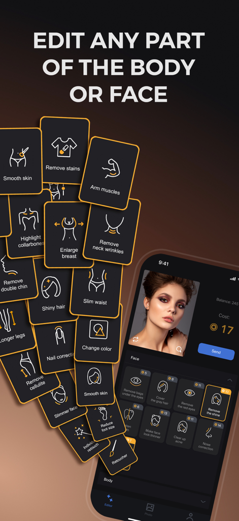 Retouch Body & Face, Photo Pro - Oberfläche der Retouch Body and Face App mit verschiedenen Optionen zur Fotobearbeitung für Körper- und Gesichtsverbesserungen