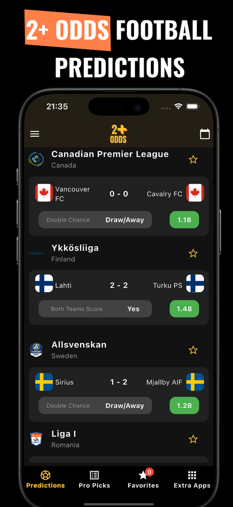 2+ Odds Predictions - La aplicación 2+ Odds Predictions mostrando consejos de apuestas de fútbol y cuotas de partidos