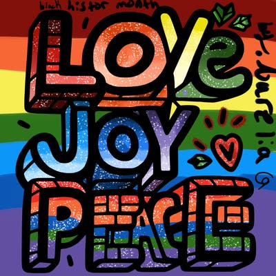 the word in block letters "love, joy, peace"