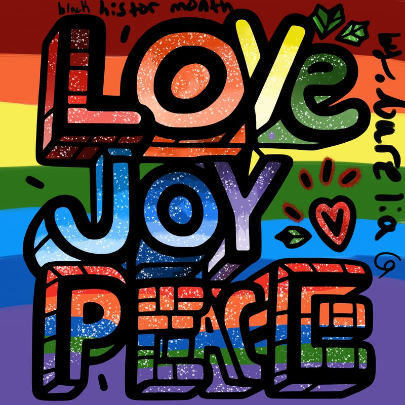 the word in block letters "love, joy, peace"