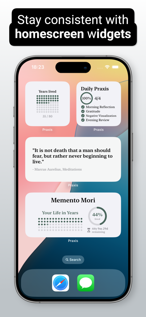 Stoicism - Praxis - iPhone home screen displaying Stoicism Praxis widgets for life tracking, daily routines, and Stoic quotes