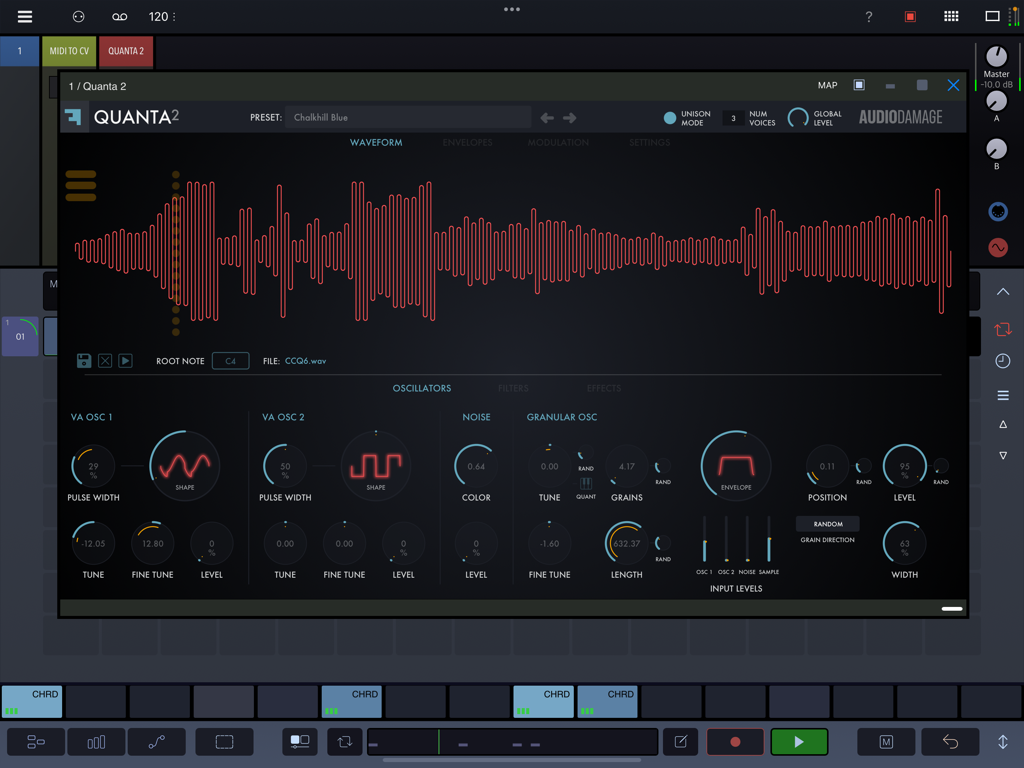 Quanta 2 granular synthesizer app interface showing waveform and oscillator controls