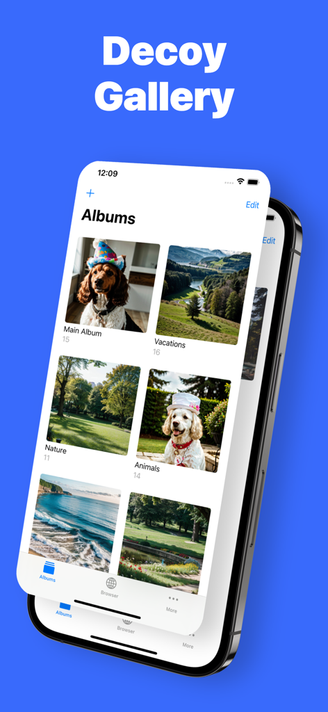 Interface of the Decoy Gallery feature in the Photo Lock app showing fake albums of dogs and vacations