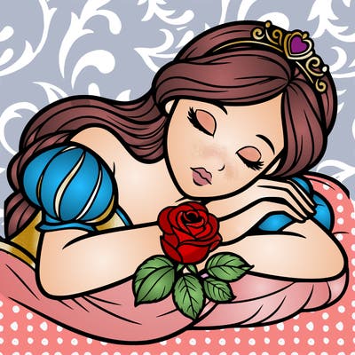 a fairytale princess sleeping with her hands crossed on her chest and a rose on her chest realistic