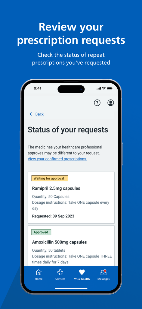 NHS App - La interfaz de la aplicación NHS que muestra el estado de las solicitudes de recetas médicas con elementos aprobados y pendientes.