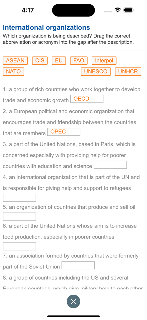 English Grammar - 6mins - 国際機関と頭字語に関するインタラクティブな英語語彙クイズ。