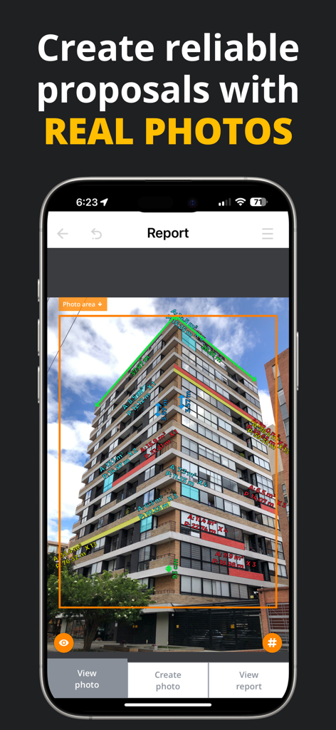 MIDDELO Facade Measuring Tool - A high-rise building facade with colored digital measurement overlays for area and height calculations within the MIDDELO app