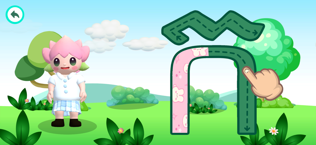 Pantalla de juego educativo que muestra cómo trazar una letra Khmer con una guía.