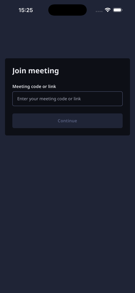 FIFA Audio Description - Interfaz de la aplicación Descripción de Audio de la FIFA que muestra la pantalla de unirse a la reunión con un campo de entrada para un código o enlace de reunión y un botón de continuar