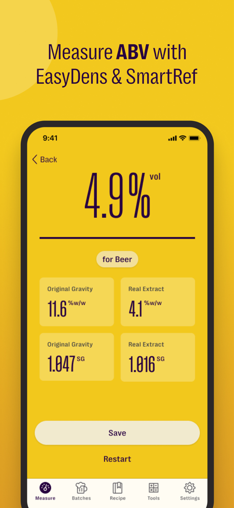 Brew Meister: Measure & Manage - Brew Meister app displaying alcohol by volume and beer gravity measurement results