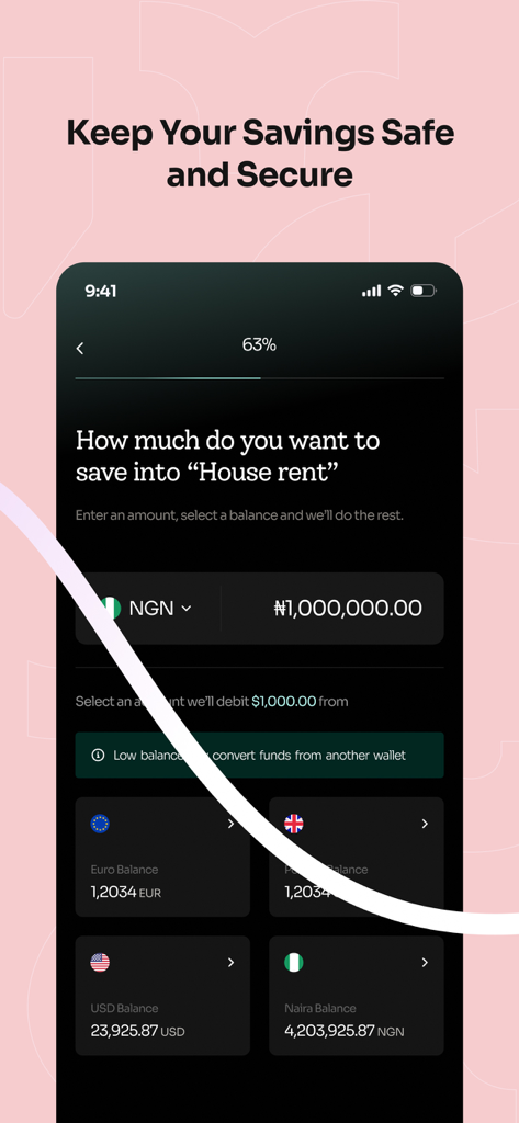 Bank78 app interface showing a savings goal for house rent with multi-currency balances including USD and EUR