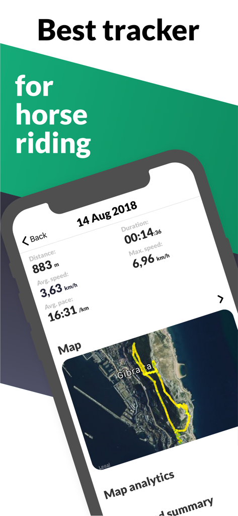 Horse Riding Tracker - Horse riding tracker app showing ride statistics and a GPS map route