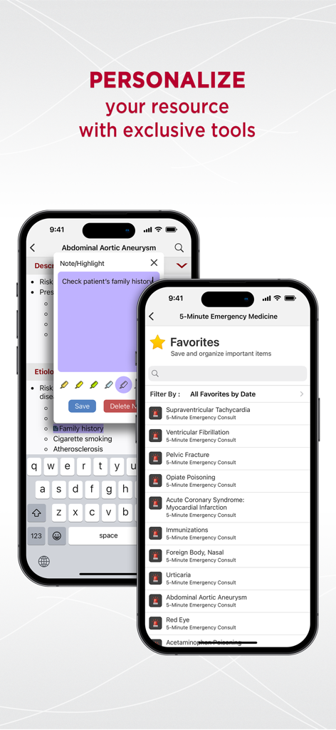 Duas telas de smartphone mostrando anotações personalizadas sobre tópicos médicos e uma lista de condições favoritas marcadas no aplicativo 5-Minute Emergency Medicine.