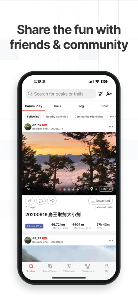 Hikingbook: Hike, Bike & Run - Hikingbook app showing a user post in the community feed with mountain photo and activity metrics
