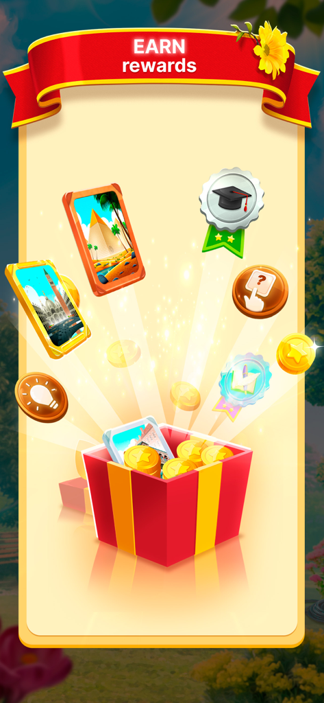 An open gift box with coins, collectible photos, and badges under an Earn rewards banner in Word Garden.