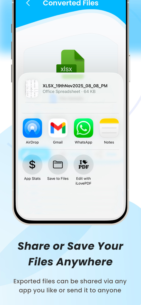 Eine mobile Oberfläche mit Optionen zum Teilen oder Speichern einer exportierten XLSX-Kontaktdatei über AirDrop, Gmail und WhatsApp.