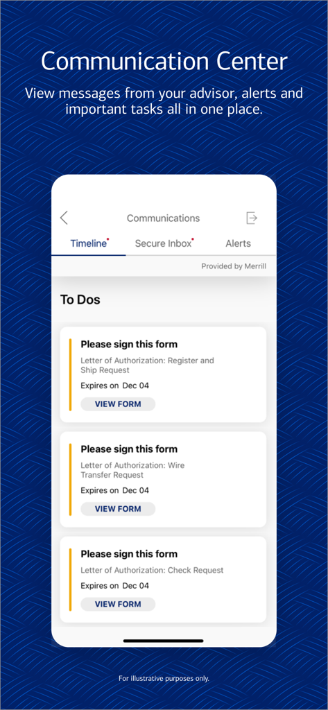 MyMerrill app Communication Center displaying pending tasks and messages from an advisor