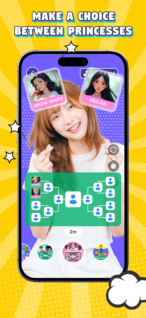 A person playing a this-or-that game between Snow White and Mulan using an AR princess tournament filter.