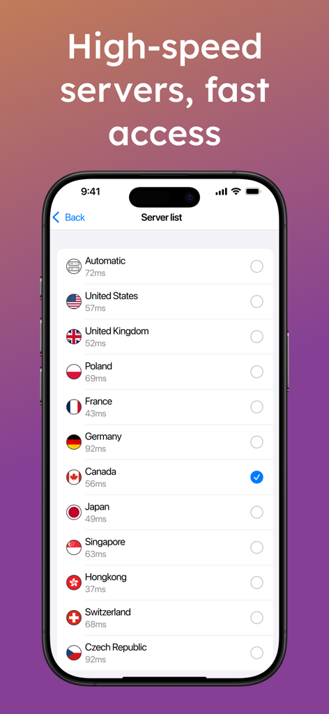 VPN - Fast VPN Star unlimited - VPN server selection screen on iPhone showing various country locations for high speed access
