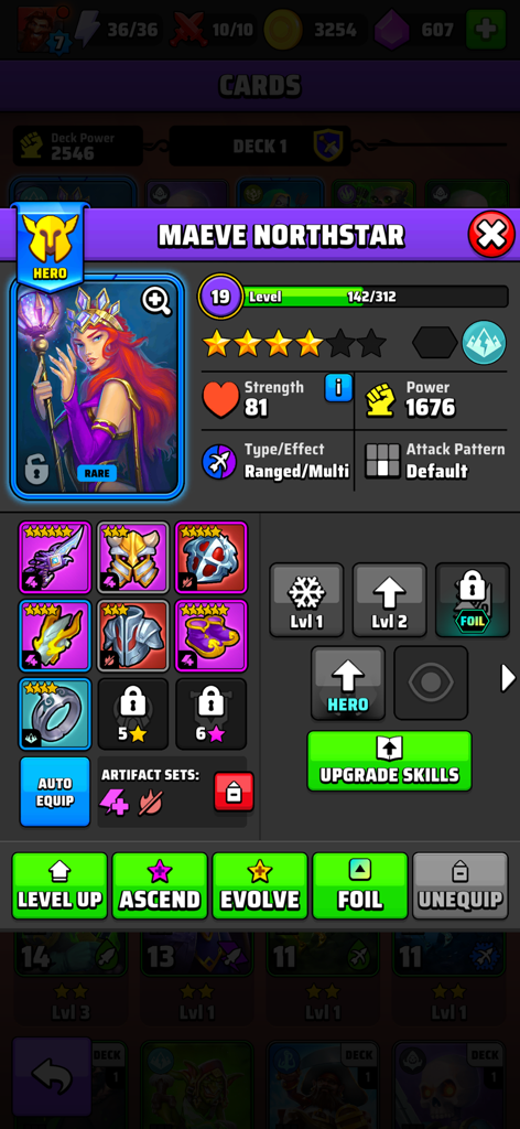 Oberfläche für den Charakter Maeve Northstar in Black Deck Card Battle, die Statistiken und Ausrüstung zeigt