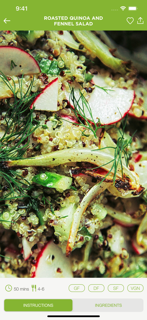 Garden Plate Pro - Gros plan sur une recette de salade de quinoa et fenouil rôtis dans l'application Garden Plate Pro, affichant les informations nutritionnelles et le temps de cuisson.