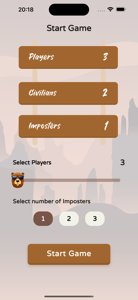 Who's Fake? - Find the Fake - Start game screen showing settings for players and imposters in Whos Fake app