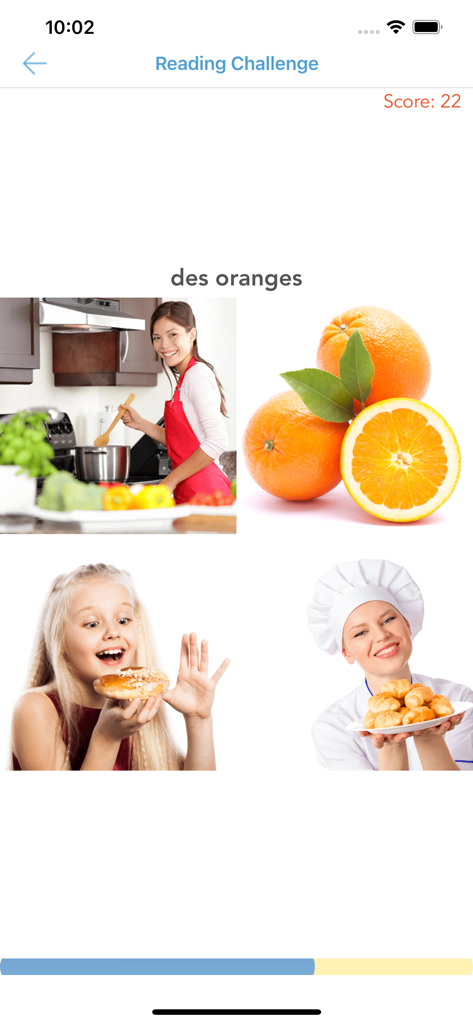 Bildschirm einer Leserausforderung einer Französisch-Lern-App, der eine Vokabel-Zuordnungsaufgabe für das Wort Orangen zeigt.