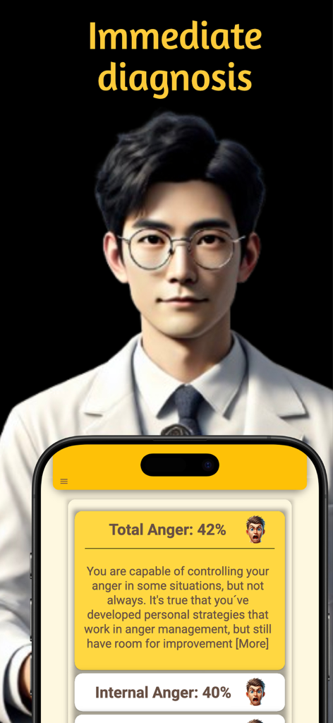 A smartphone displaying an anger test result with a 42 percent score and a psychological evaluation summary against a background with a medical professional