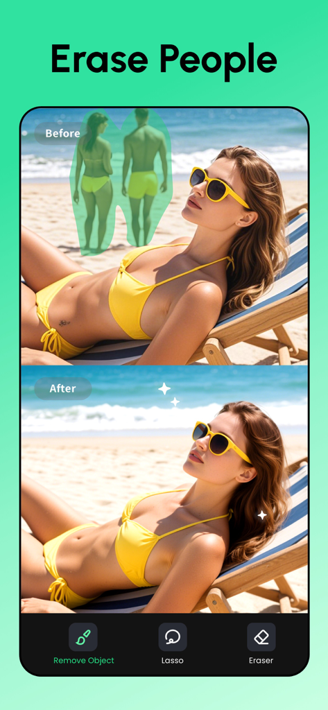 Remove Objects: Pic Retouch AI - Before and after comparison showing background people being removed from a beach photo using AI retouching tools.