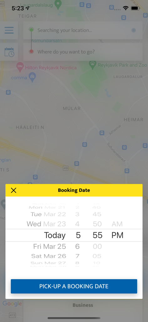 Taxi Hreyfill - Taxi Hreyfill mobile app interface showing a date and time picker to schedule a ride over a map of Reykjavik