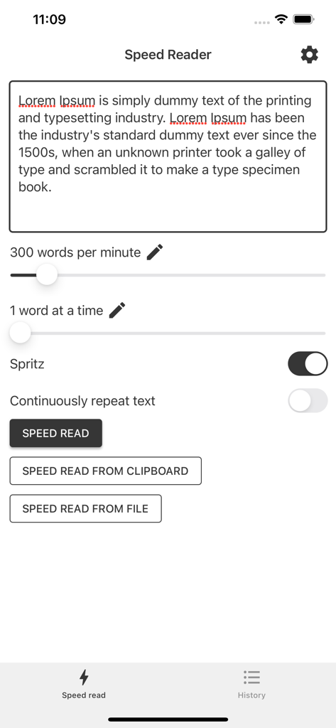 Speed Reader for Speed Reading - Main screen of the Speed Reader app showing text input area and speed configuration settings.